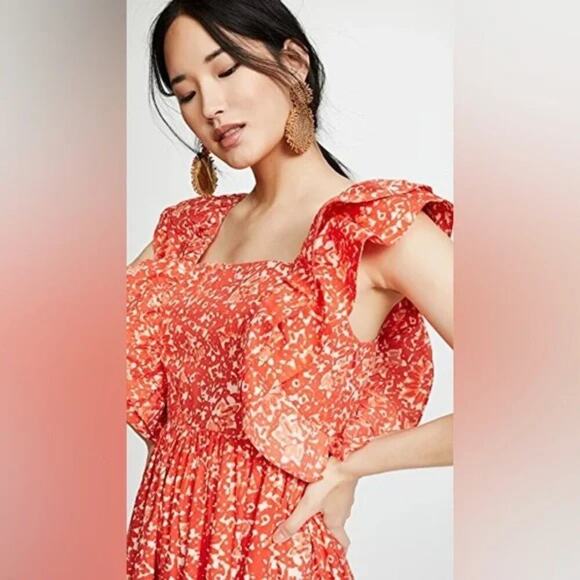 ULLA JOHNSON Freida Printed Cotton Midi Dress Coral Batik Red Orange White US 4 - Picture 12 of 12